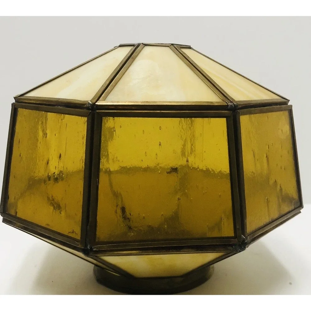Vintage Amber Caramel Stained Glass Panels Lamp‎ Shade Ceiling Hanging Octagon